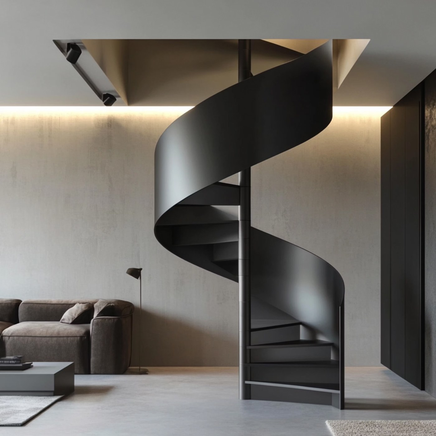 Rendu 3D d'un escalier hélicoïdal en ruban métallique, projet en conception
