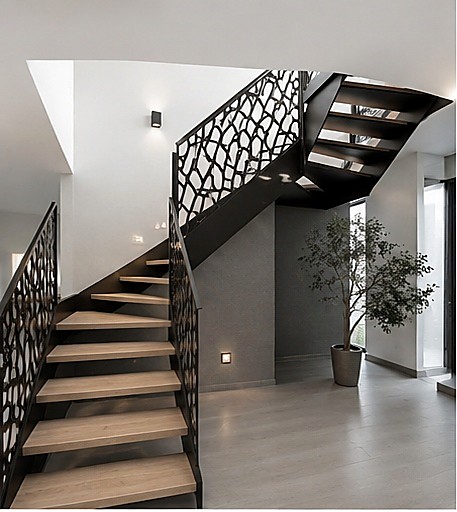Escalier métallique à motifs organiques, intérieur contemporain